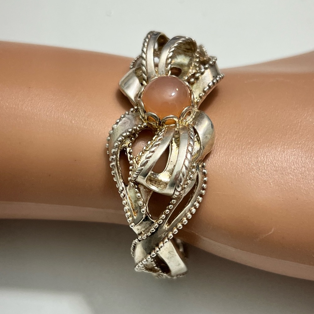 Used Carolyn Pollack Sterling Silver Bow Cuff Bracelet w/ Rose Quartz